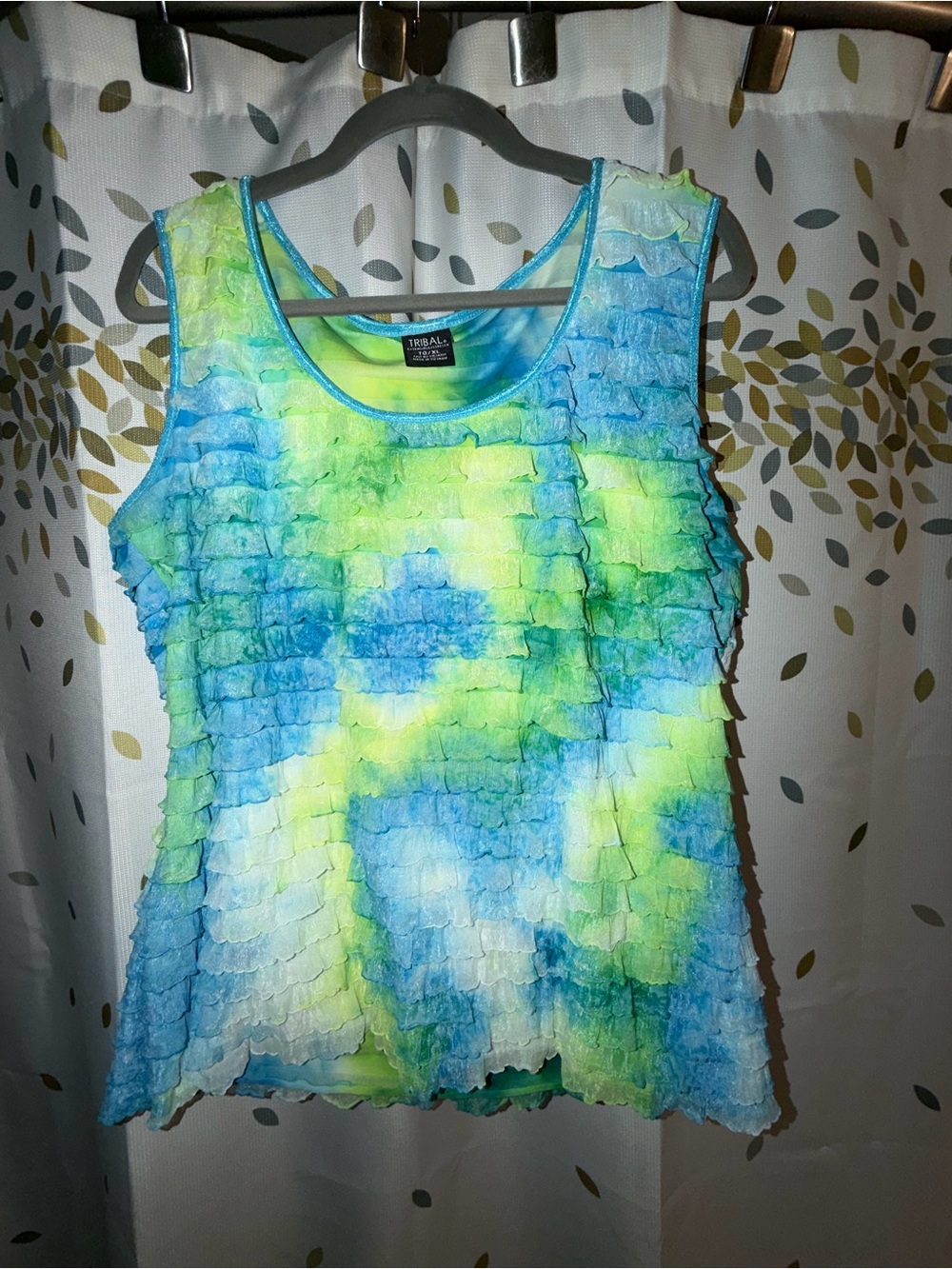 Tribal Blue & Green Ruffled Tie-Dye Tank Top
